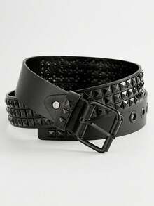 1 件朋克风格腰带，方形铆钉和金字塔铆钉装饰，可调节休闲裤腰带，夏季、秋季、万圣节