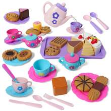 女孩角色扮演下午茶套装，下午茶甜点茶壶套装，公主下午茶游戏茶壶厨房玩具，复活节儿童生日礼物 - 彩色 - 查看 3