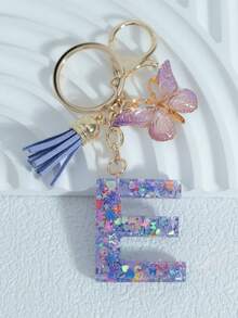 Sparkling Purple Mixed Snowflake Sequins, 26 Capital English Letters, Paired With Golden Patterned Butterflies And Purple Leather Tassels, 18kc Gold Lobster Buckle Flat Ring Chain Three Pieces Keychain Set, Suitable For Luggage Hanging Accessories, Car Hanging Accessories, Key Hanging Accessories, Mobile Phone Hanging Accessories, Clothing Hanging Accessories, As A Birthday Gift For Friends, Couples, And Mothers, Suitable For Both Men And Women - Purple - View 19
