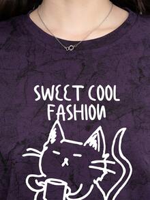 猫咪印花宽松休闲短袖T恤，日常穿着