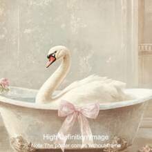 1pc Unframed Cute Pink Bow Swan In Tub Funny Wall Art Poster Canvas Print Maximalist Bathroom Dopamine Decor Painting For Toilet,Living Room,Bedroom,Modern Home Decoration