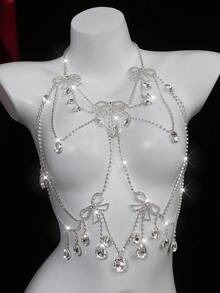 跨境蝴蝶结胸链女镂空流苏水钻身体链高端手感舞会时尚配饰欧美1PC优雅灵动蝴蝶水钻流苏连衣裙女式性感身体链饰品派对夜店舞台配饰 - 蝴蝶型 - 查看 4