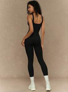 Yefecy 女士简约纯色无袖连体裤，适合日常锻炼，全身塑身连体裤 - 黑色 - 查看 5