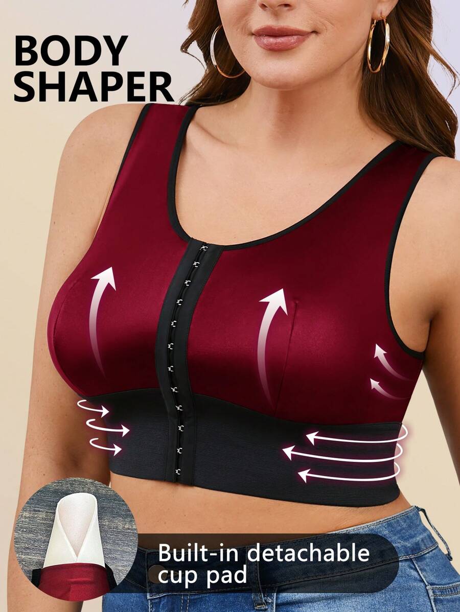 1pc New Year/Valentine's Day Waist Cincher Front Button Camisole With Built-In Cup Holder, Casual Outerwear - Burgundy - View 1