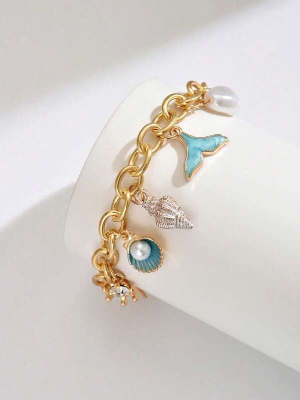 1 pieza Pulsera de concha con forma de cola de pez, estrella de mar y estilo de vacaciones de verano en azul, pulsera de lujo femenina de personalidad dulce, accesorio de mano ideal para damas en uso diario, vacaciones en la playa, océano y atuendo de playa