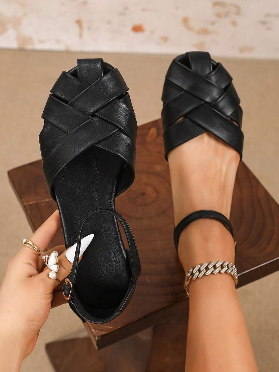 圣诞节女士平底鞋镂空编织凉鞋踝带鞋罗马鞋夏季鞋交叉设计猪圈平底凉鞋黑色凉鞋度假休闲舒适防滑女鞋舒适黑色皮革百搭女鞋黑色平底凉鞋黑色鞋鞋黑色鞋