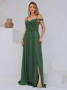Long Off-The-Shoulder Party Dress With Sparkle For Bridesmaid, Wedding, Princess Graduation - 橄欖綠 - 查看 2