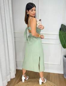 ''Elegant Women's Midi Dress With Slits And Adjustable Straps. Summer Fashion . Simple, Split - Màu xanh Bạc hà - Xem 4