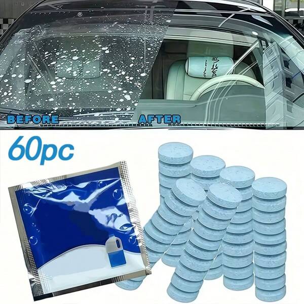 60pcs Car Windshield Washer Concentrate Tablets, Wiper Fluid Solid Effervescent Tablets, Degreasing Cleaner, Car Windshield Cleaning Liquid, Car Wiper Solid Cleaner, All Season Use
