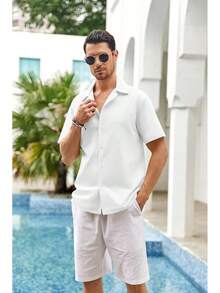 Mens Linen Button Down Shirts Short Sleeve Basic Cuban Regular Fit Wedding Summer Beach Tops - 白色 - 查看 7