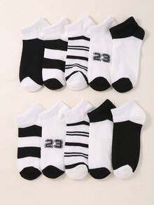 10 双儿童青少年条纹黑白短袜，字母印花 23 低帮袜，非常适合返校礼物、跑步运动旅行袜 - 黑與白 - 查看 1