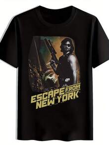 Camiseta gráfica para hombres "Escape from New York" - Camiseta casual de verano negra con diseño de póster de película, cuello redondo, manga corta, poliéster ligero, perfecta para atuendo casual - Negro - Ver 1