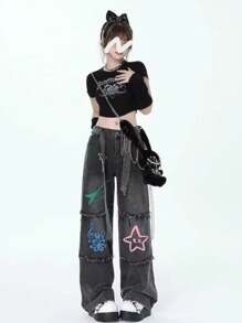 Jupkem Cute Low Rise Y2k Jeans Women Straight Leg Goth Star Graphic Wide Leg Kawaii Pants Y2k Aesthetic Baggy Jeans Korean Streetwear