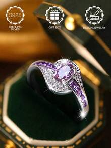 1 chiếc nhẫn xoắn ốc bằng bạc Sterling S925 màu tím Cubic Zirconia dành cho phụ nữ/bé gái, thích hợp để trang trí hàng ngày, quà tặng lễ Phục sinh/Giáng sinh/Halloween, có hộp quà tặng - Màu tím - Xem 6