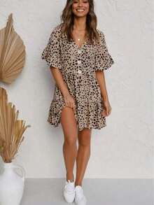 Plus Size Women Polka Dot Print Ruffle Sleeve V-Neck Casual Elegant Dress - Khaki - View 5