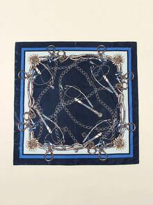 1pc Fashion Ladies' Printed 90s Square Scarf With Chain, Suitable For Daily Wear, Satin Headscarf Bandana Bandana,Hair Band,Head Band Ideal For Dressing Up Your Look - 藏蓝色 - 查看 4