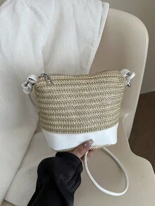 时尚新款撞色拼接迷你休闲单肩编织包，百搭简约海滩度假风女士手提斜挎包，适合逛街、钱包、购物、年轻女性、大学生、新人、白领人士。非常适合办公室、大学、工作、商务、通勤、户外活动、旅行和郊游。 - 彩色 - 查看 6