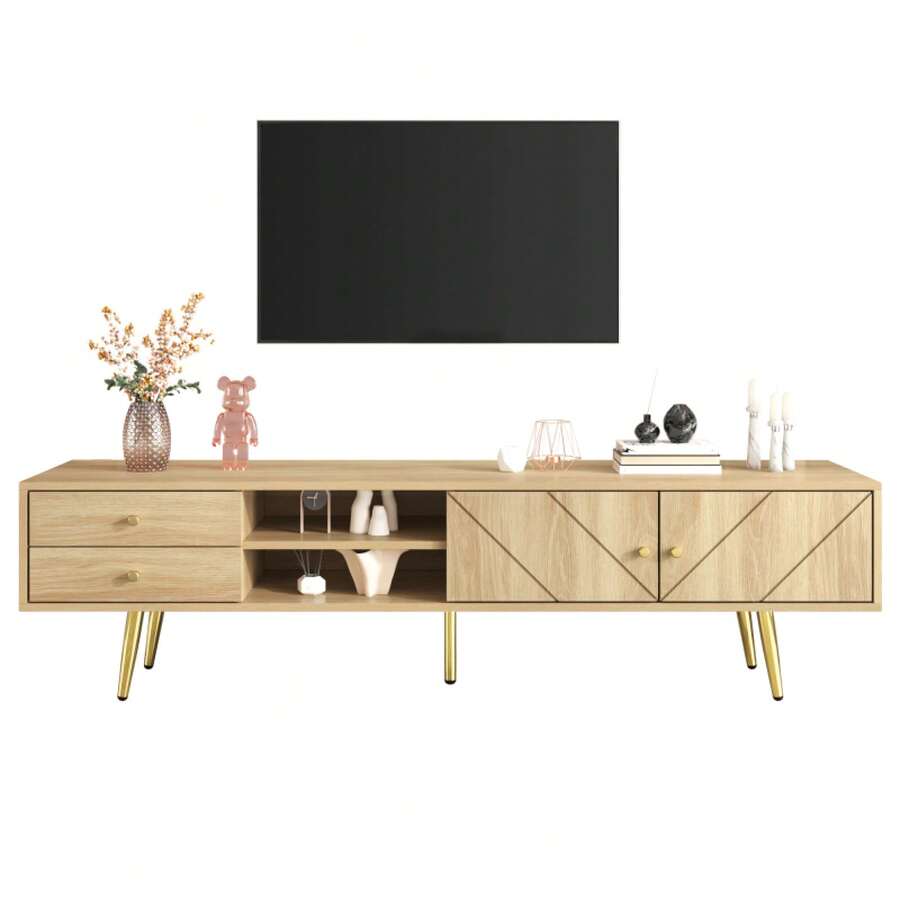 160cm TV Cabinet With Gold Legs, Two Drawers And Uniquely Designed Doors - 木材+MDF+刨花板+40-49英寸 - 查看 1