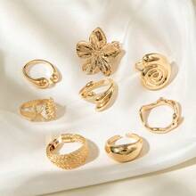 8pcs/Pack Asymmetrical Flower & Geometric Shape Fashion Ring Set, Multilayer Stacking Rings