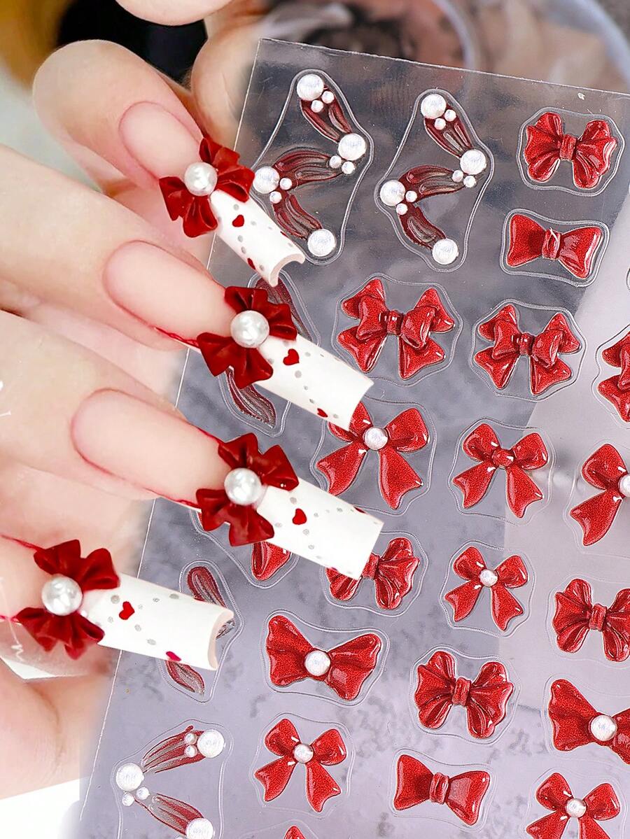 1 件 5D 浮雕红色蝴蝶结美甲贴纸，DIY 优雅蝴蝶结自粘贴花和滑块，美甲装饰配件工具，美甲沙龙，美甲用品 - 彩色 - 查看 1