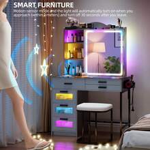 HNEBC Vanity Desk, Makeup Vanity With Lights And Sliding Vanity Mirror, Makeup Desk With Charging Station, Vanities Dressing Table With Stool,Vanity Set With Large Drawers&Shelves For Bedroom - 灰色 - 查看 4