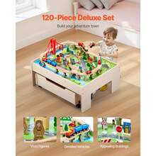 Train Table, 100 Multicolor Pieces Wooden Kids Activity Table With Rolling Storage Drawer, 3-In-1 Wooden Train Set For Gaming, Drawing, Reading, Eating, Creative Toy Set For Kids Ages 3+ - 100 Multicolor Pieces - View 3