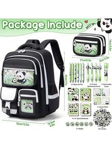 Kids Backpack For School Girls, 28PCS Panda Toddler School Supplies Stationery Set With Bookbag Pencil Case Pins Gel Pens Pencils Notebooks Sticky Notes For Kindergarten Elementary Student, Back To School Gifts - Panda - 查看 2