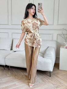 Women Elegant Bowknot Batwing Sleeve Top And Pleated Pants 2-Piece Set - Multicolor - View 5