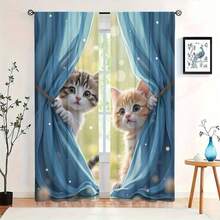 2 件可爱小猫窗帘 - 俏皮猫咪设计，蓝色窗帘和闪烁灯光，耐用涤纶面料，半透明，适用于客厅或卧室装饰（不含杆），卧室窗帘 | 猫咪主题装饰 | 杆袋风格，客厅窗帘 - 彩色 - 查看 1