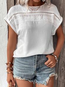 Summer Linen Feel Drop Shoulder Short Sleeve Hollow Lace Patchwork Casual Loose Blouse For Women