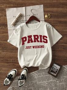 女士灰色字母印花休闲短袖 T 恤，夏季 - 淺灰色 - 查看 4