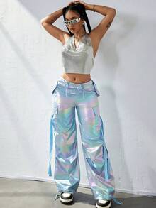 Y2K Holographic Laser Flap Pocket Side With Tape Drawstring Waist Wide Leg Parachute Cargo Pants Daily Casual Comfy Trousers Party Festival Outfit - 藍色 - 查看 4