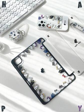 精美可爱卡通黑猫双面彩绘亚克力透明水晶后盖，防震，适用于iPad第七、第八（10.2英寸）和第十代保护壳，内置笔槽，支持睡眠和唤醒功能，节日礼物，新年礼物。