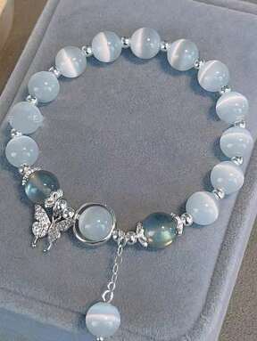 1pc Minimalist Gray & White Moonstone Crystal Bracelet, Versatile And Elegant Accessory Suitable For Girls