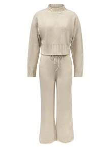 两件套女士休闲外出约会套装，纯色罗纹短裤搭配长袖针织衫和抽绳针织裤，街头风穿搭，女士两件套，女士休闲装，女士春季服装，女士度假装，女士节日装，女士优雅上衣，女士夏季服装，女士派对装，Y2K时尚，女士演唱会服装 - 杏色 - 查看 4