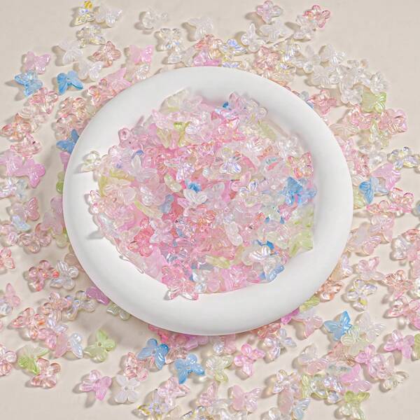 50pcs 11mm*10mm Japanese Aurora Crystal Butterfly Handmade DIY Phone Straps, Transparent Nail Art Decor Czech Glass Jewelry Craft Accessories