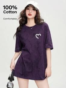 Heart Printed Loose Casual Short Sleeve T-Shirt For Daily Wear