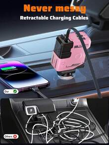W&O 4 In 1 Retractable Car Fast Charger In Mech-Style 65W Charger Car Charger With Retractable Cablea And Multi-Port Usb C Holiday Gifts,Car Essential,Room Decor,Compatible With Iphone,Halloween Gift,Fast Charger - 粉色 - 查看 8