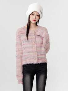 条纹蓬松新款通勤女式休闲开衫 - 粉色 - 查看 5