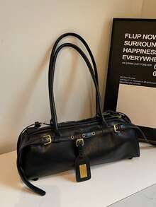 1 件新款时尚 PU 通勤包，时尚纯色复古别致单肩腋下包，适合女士，秋冬 - 黑色 - 查看 7