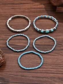 Bộ 5 vòng tay co giãn đính hạt giả ngọc lam kiểu cao bồi miền Tây, phù hợp cho cả nam và nữ, thích hợp đeo hàng ngày. - Nhiều màu - Xem 3