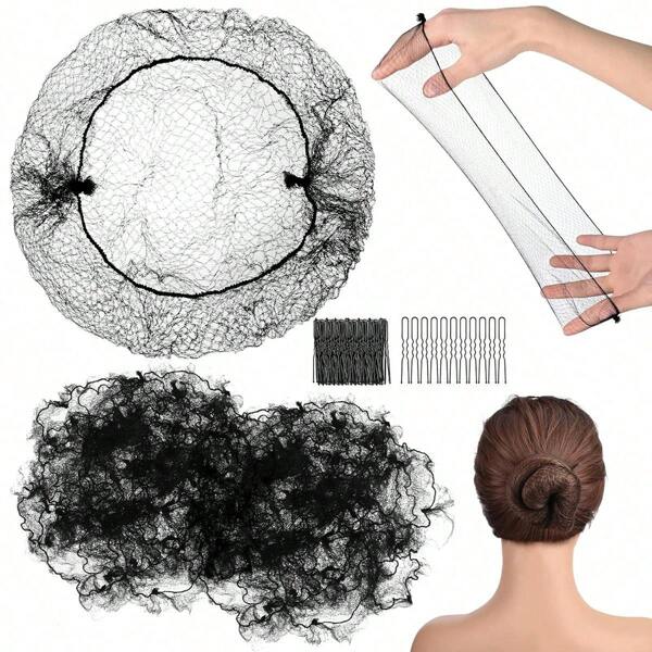 60pcs Invisible Elastic Hair Net & Clip Set For Ballet Dancer's Hair Bun Making