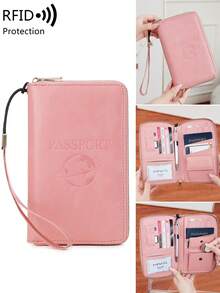 MIYIN RFID Blocking Passport Cover Card Holder With Card Slot ID Window,Solid Color PU Letter&Airplane Pattern Portable Passport Clip Ticket Clip Bank Card Bag Versatile Zippered Mobile Phone Travel Passport Wallet For Men And Women, With Wrist Strap,For Travel Flight Go Abroad For Business,Passport Holder Passport Case Passport Bag Travel Accessories Travel Essentials Back To School Stuff - Multicolor - View 2