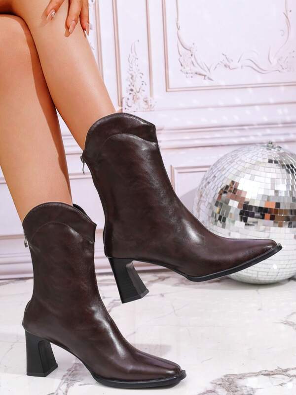 Damen neue retroartige hochhackige Stiefel bis zur Mitte des Knöchels, vielseitige Westernstiefel in modischer Kaffeefarbe
