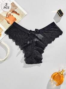 3-częściowe seksowne, słodkie, koronkowe stringi damskie z kokardką, półprzezroczysta bielizna z niskim stanem, czysty francuski, dojrzały urok, romantyczne majtki retro, lekkie, miękkie, wygodne, odpowiednie na prezenty do domu i na zewnątrz
