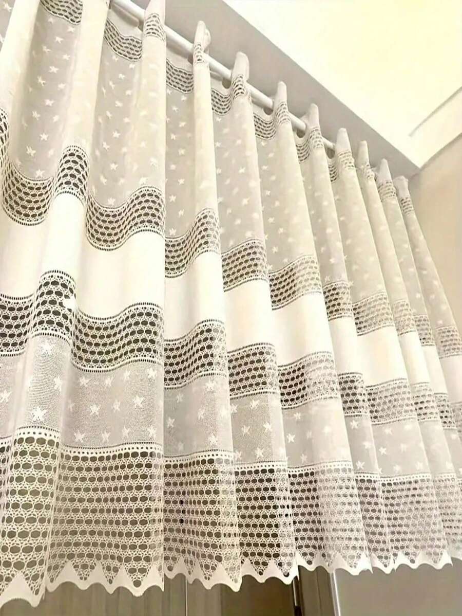 1pc Delicate Embroidered Hollow-Out Window Curtain, Small Cafe Door Curtain - Beige - View 1