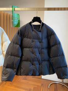 Women's Winter Solid Color Double-Breasted Jacket, Fashionable Short Quilted Coat, Winter Casual Round Neck Overcoat, With Pockets, Winter Clothing