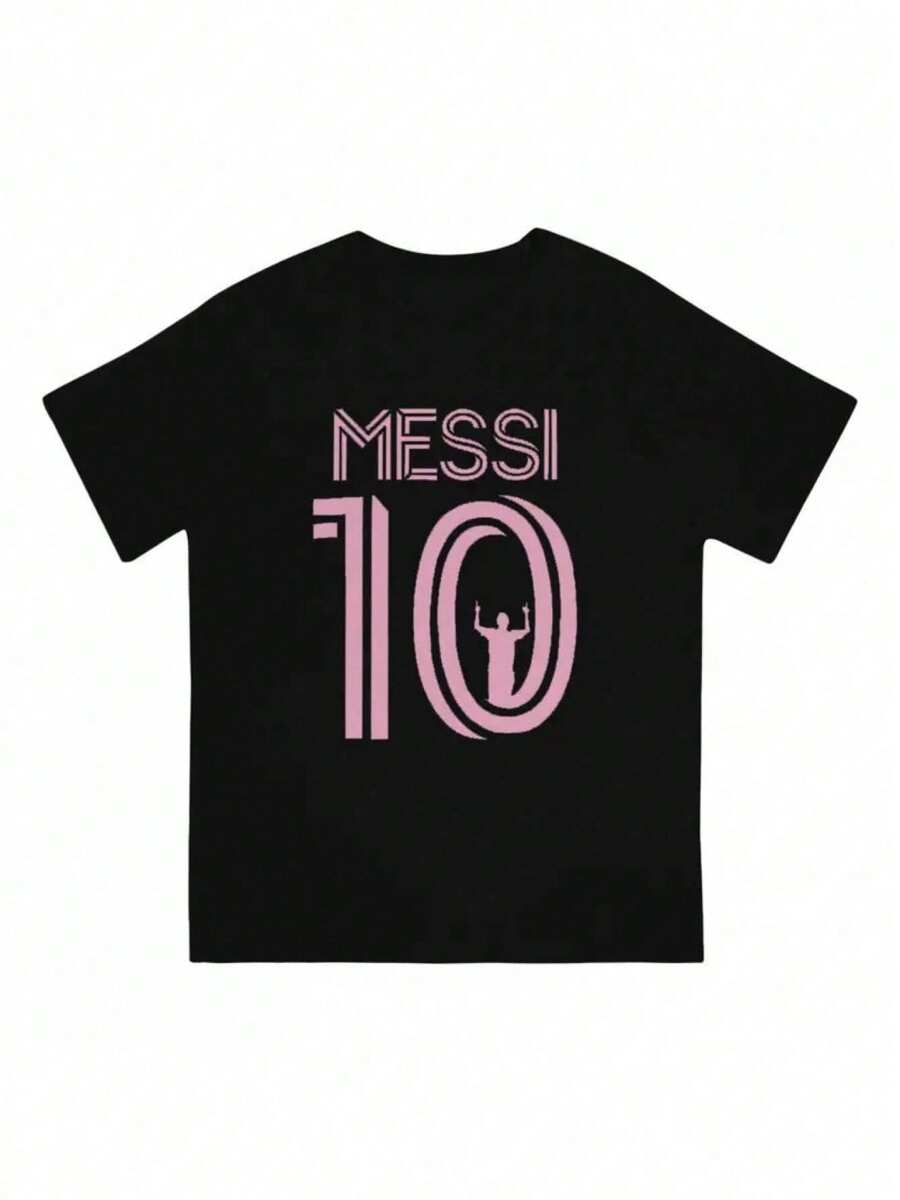 [1pc Messi Graphic Print T-Shirt] Messi 10 Graphic Print T-Shirt, 100% Cotton, Crew Neck, Slight Stretch, Regular Fit, Knit Fabric, 220g, For Men And Women, All-Season Basic Tee - 黑色 - 查看 1