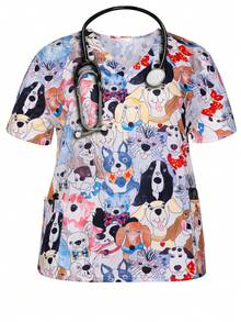 Plus Size Women's Spring & Summer Fall Cartoon Dogs V-Neck Scrub Short Sleeve Nurse Uniform Tops With Pockets For Women - Multicolor - View 1