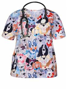 Magliette da infermiera per donna taglia grande, con scollo a V, maniche corte, stampa di cartoni animati di cani, tasche, per primavera ed estate